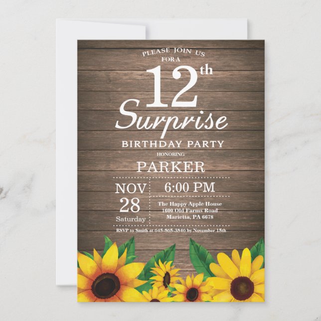 Rustic Sunflower Surprise 12th Birthday Invitation (Front)