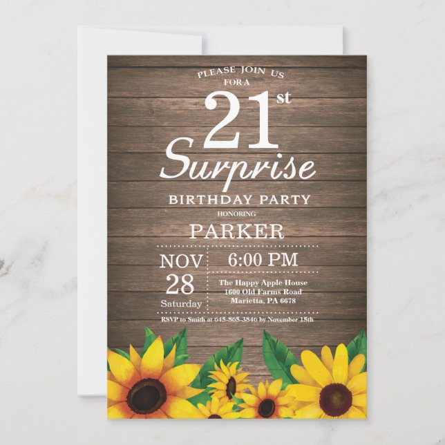 Rustic Sunflower Surprise 21st Birthday Invitation (Front)