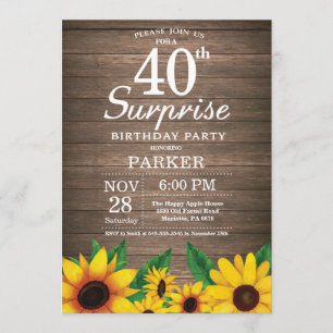 Rustic Sunflower Surprise 40th Birthday Invitation
