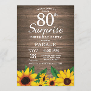 Rustic Sunflower Surprise 80th Birthday Invitation