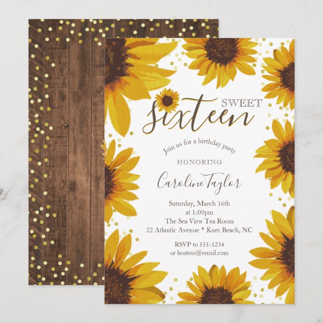 Rustic Sunflower Sweet 16 Birthday Invitation (Front/Back)