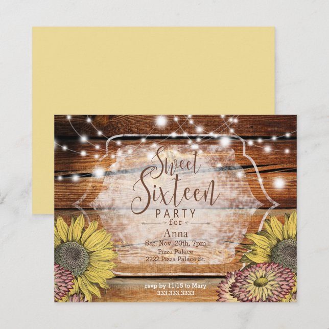 Rustic Sunflower Sweet Sixteen Party Invitation (Front/Back)