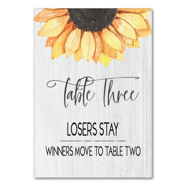 Rustic Sunflower Table Three Bunco Table Number (Front)