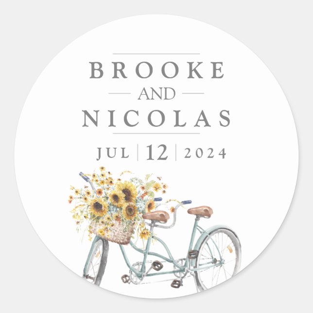 Rustic Sunflower Tandem Bicycle Watercolor Wedding Classic Round Sticker (Front)