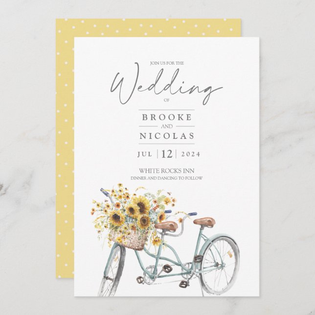 Rustic Sunflower Tandem Bicycle Watercolor Wedding Invitation (Front/Back)