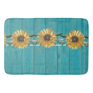 Rustic Sunflower Teal Blue Barn Wood country Bath Mat