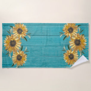 Rustic Sunflower Teal Blue Barn Wood Country Beach Towel