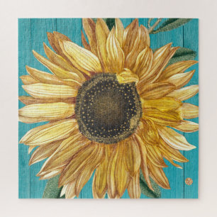 Rustic Sunflower Teal Blue Barn Wood Country   Jigsaw Puzzle