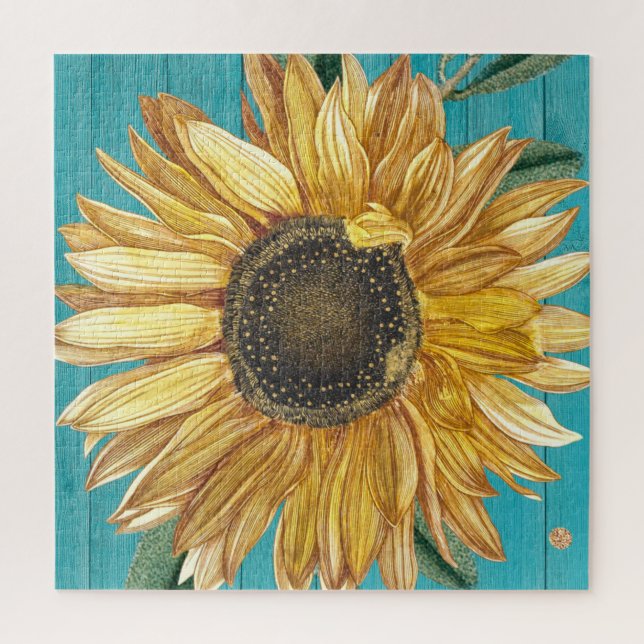 Rustic Sunflower Teal Blue Barn Wood Country   Jigsaw Puzzle (Vertical)