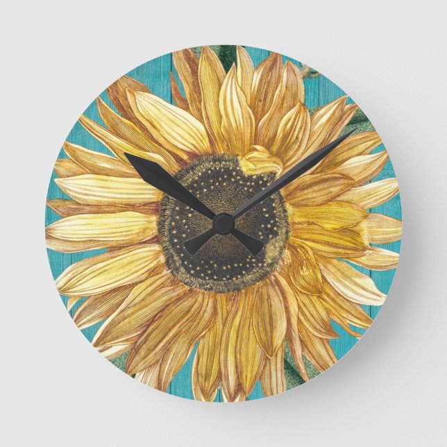 Rustic Sunflower Teal Blue Barn Wood Country  Round Clock (Front)