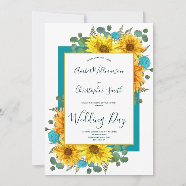 Rustic Sunflower Teal Blue Roses Country Wedding Invitation (Front)