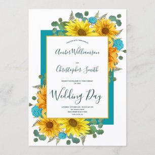 Rustic Sunflower Teal Blue Roses Country Wedding Invitation