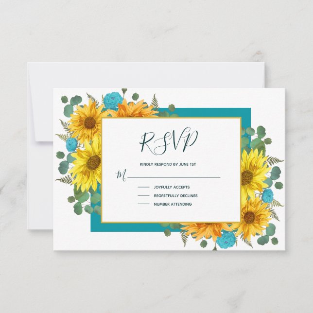 Rustic Sunflower Teal Blue Roses Country Wedding RSVP Card (Front)