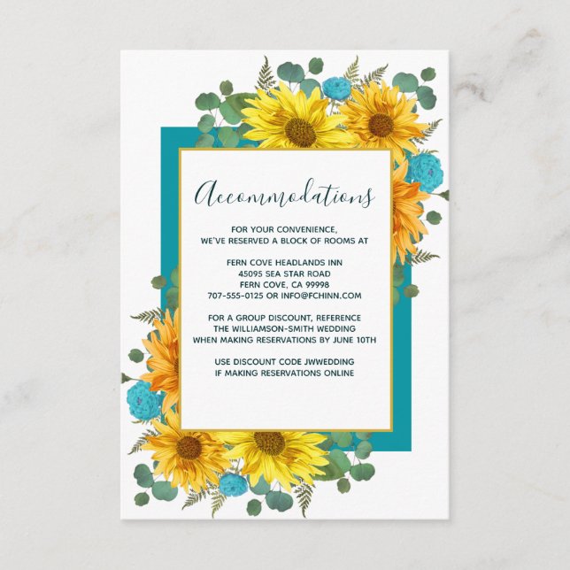 Rustic Sunflower Teal Roses Wedding Accommodations Enclosure Card (Front)