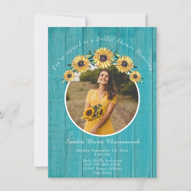 Rustic Sunflower Teal  Wood Wedding Bridal Shower Invitation (Front)