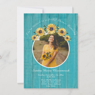 Rustic Sunflower Teal  Wood Wedding Bridal Shower Invitation