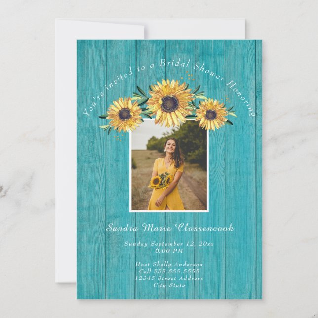 Rustic Sunflower Teal Wood Wedding Bridal Shower   Invitation (Front)