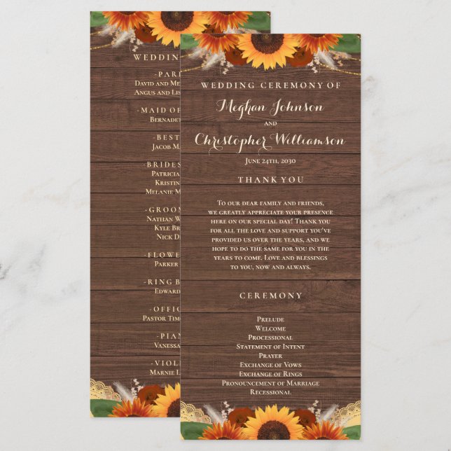 Rustic Sunflower Terracotta Roses Boho Wedding Program (Front/Back)