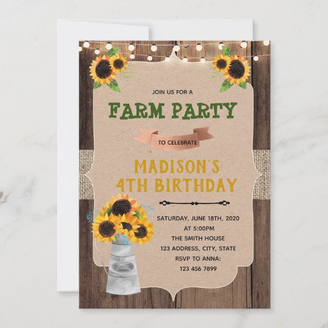 Rustic sunflower theme party invitation (Front)