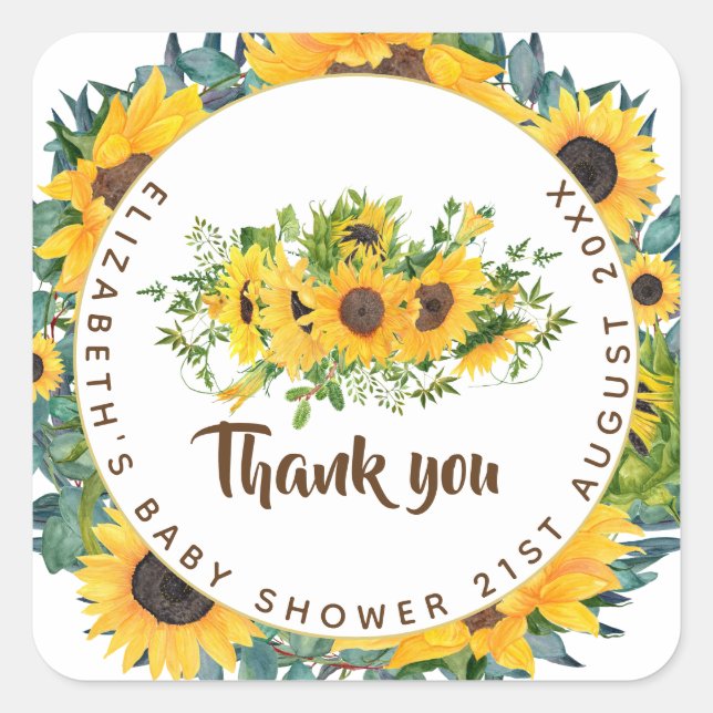 Rustic Sunflower Themed Baby Shower Favour Gift Ta Square Sticker (Front)