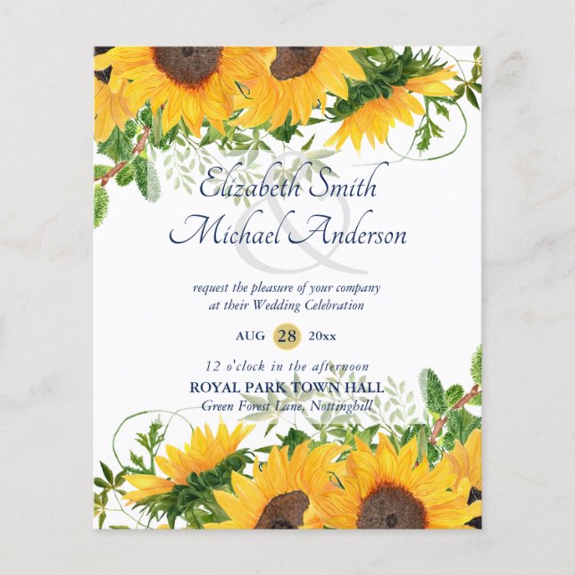 Rustic Sunflower Themed Wedding Stationery Budget (Front)