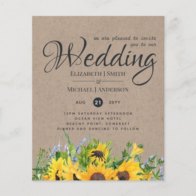 Rustic Sunflower Themed Wedding Stationery Budget (Front)