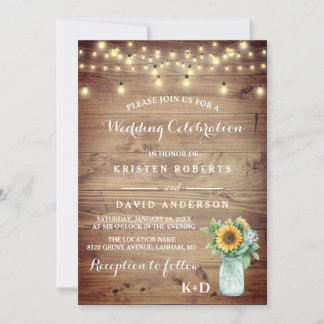 Rustic sunflower vase and Lights wedding Invitation
