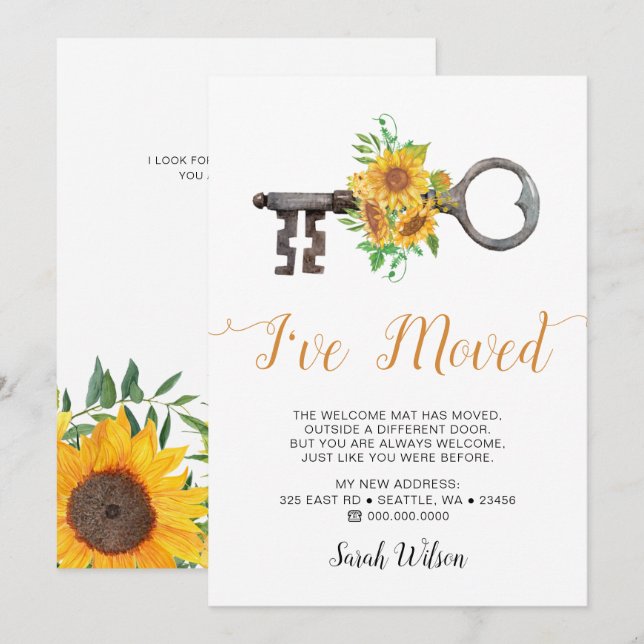 Rustic Sunflower Vintage Key I have moved Moving  Announcement (Front/Back)