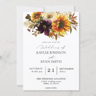 Rustic Sunflower & Violet Purple Floral  Wedding Invitation