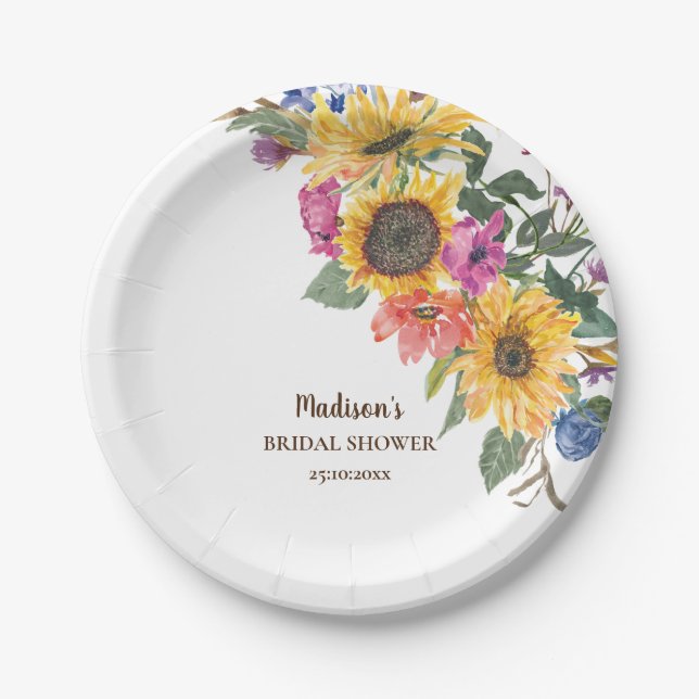 Rustic Sunflower Watercolor  Bridal Shower Paper Plate (Front)