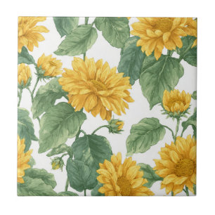 Rustic Sunflower Watercolor Floral Farmhouse Ceramic Tile