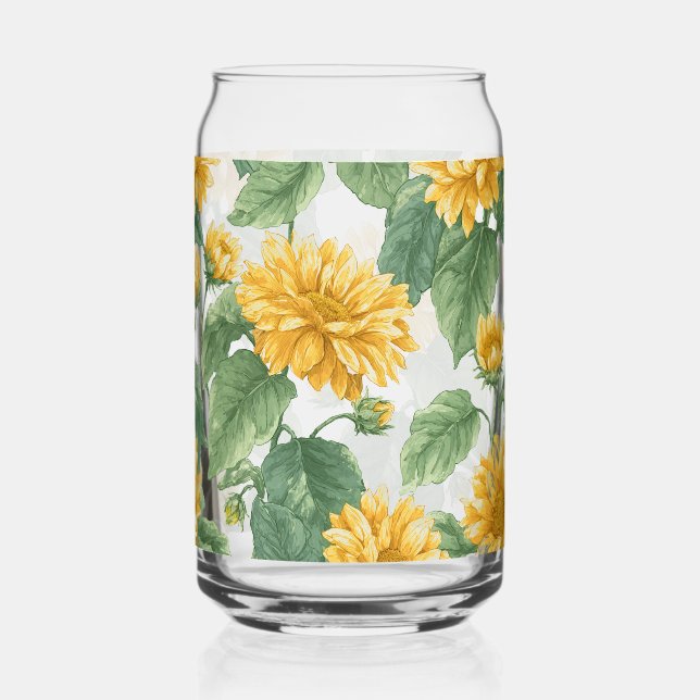 Rustic Sunflower Watercolor Floral Farmhouse Drink Can Glass (Front)