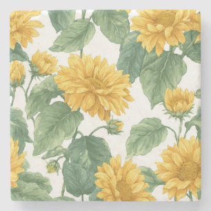 Rustic Sunflower Watercolor Floral Farmhouse Stone Coaster