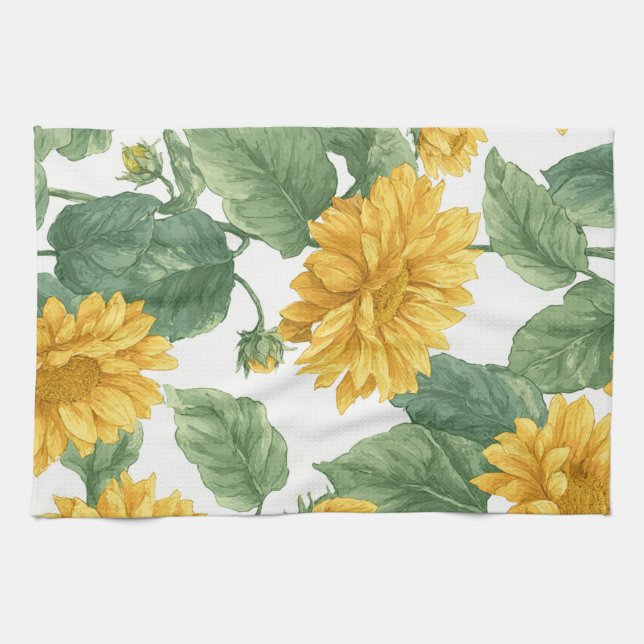 Rustic Sunflower Watercolor Floral Farmhouse Tea Towel (Horizontal)