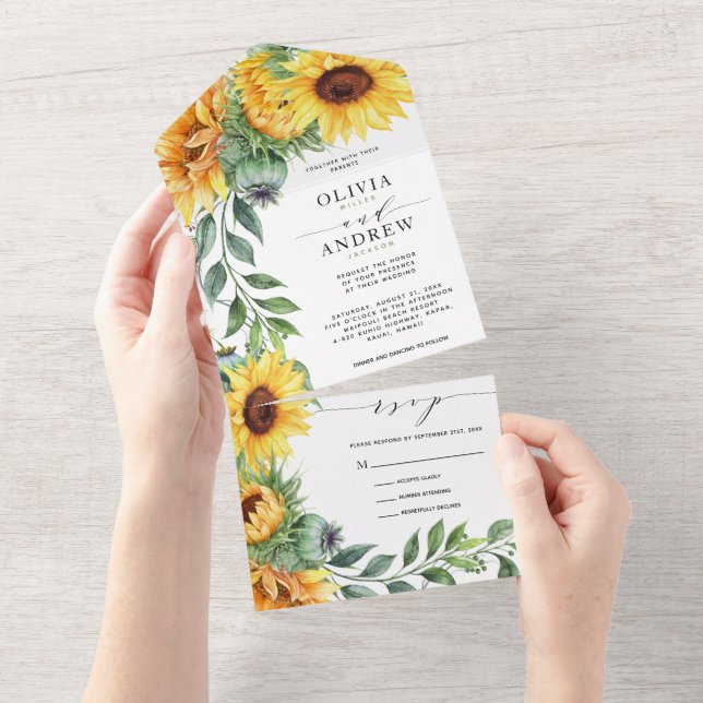 Rustic Sunflower Watercolor Wedding All In One Invitation (Tearaway)