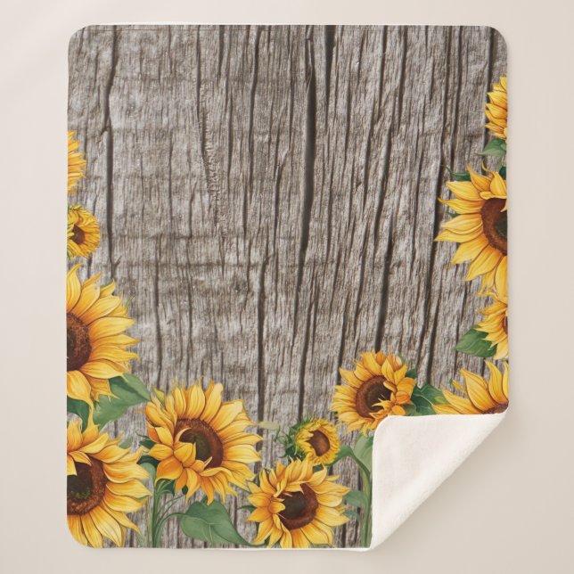 Rustic Sunflower & Weathered Gray Barnboard Sherpa Blanket (Front)