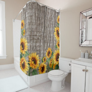 Rustic Sunflower & Weathered Grey Barnboard Shower Curtain