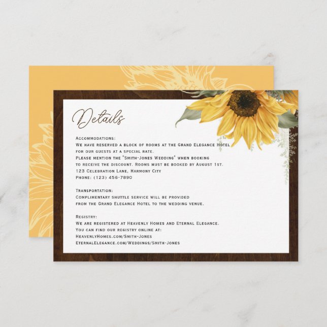 Rustic Sunflower wedding details enclosure cards (Front/Back)