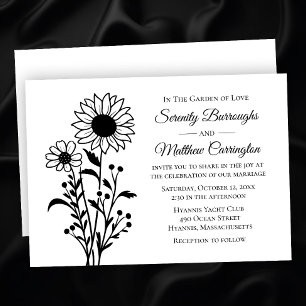 Rustic Sunflower Wedding Floral Black White Invitation