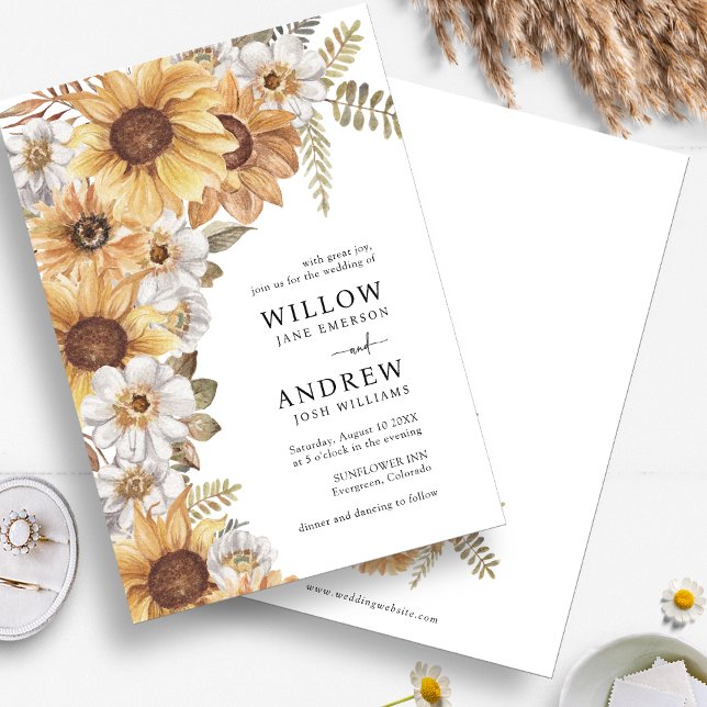 Rustic Sunflower Wedding Invitations (Rustic Watercolor Sunflower Floral Wedding Invitations by Painted Paperie
)