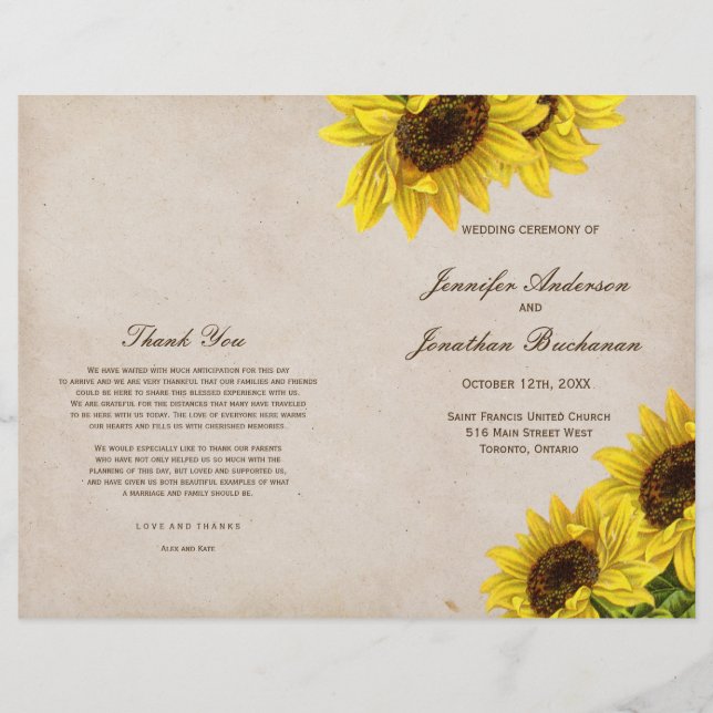 Rustic Sunflower Wedding Programs (Front)
