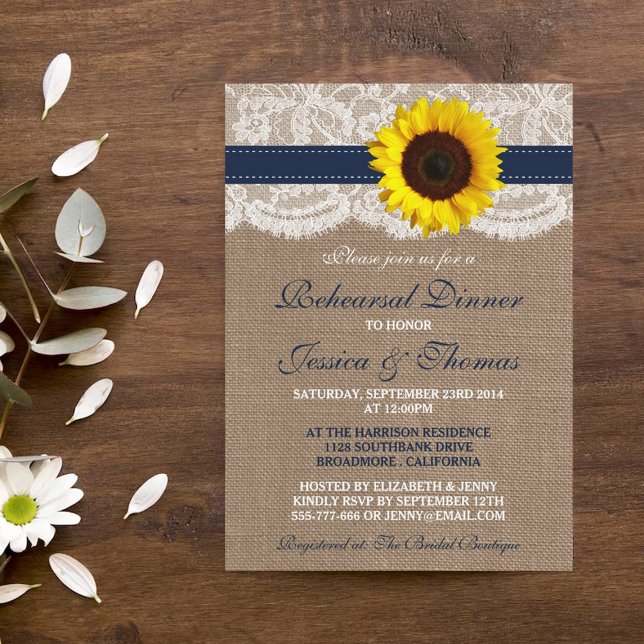 Rustic Sunflower Wedding Rehearsal Dinner - Navy Invitation (Creator Uploaded)