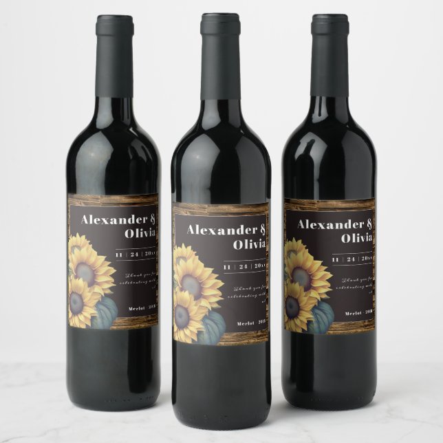 Rustic Sunflower Wedding Wine Label (Bottles)