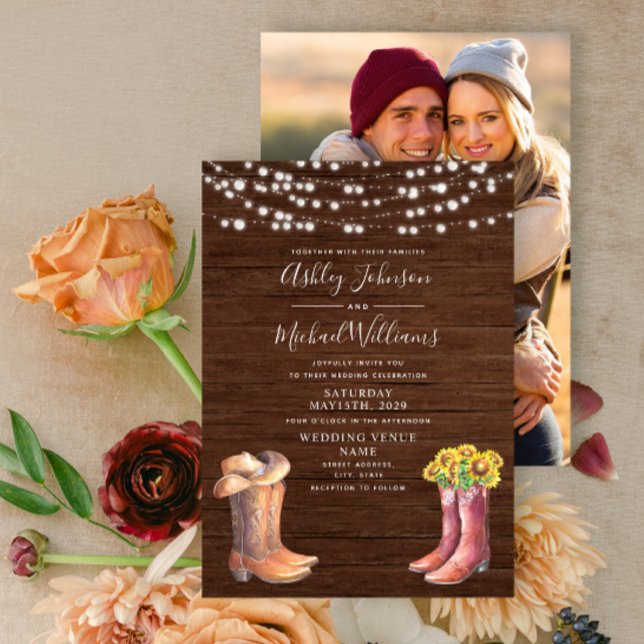 Rustic Sunflower Western Typography Photo Wedding Invitation (Creator Uploaded)