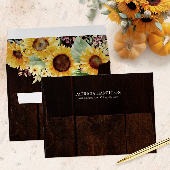 Rustic Sunflower White Pumpkin Wood Fall Wedding Envelope (Creator Uploaded)