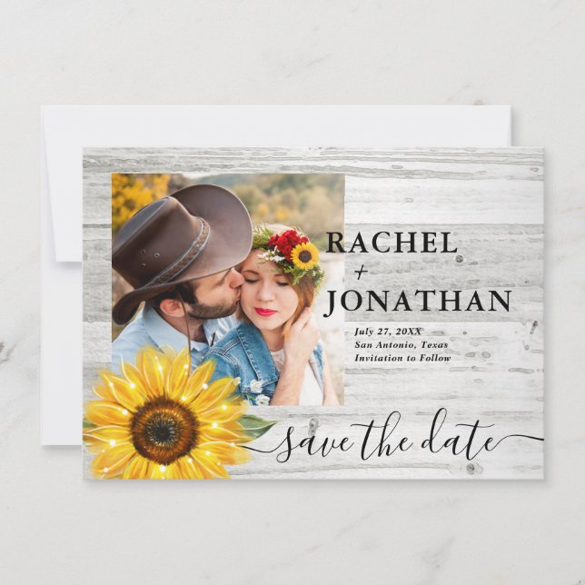 Rustic Sunflower White Wood Photo Wedding Save The Date (Front)