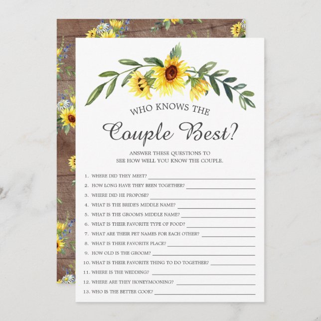 Rustic Sunflower Who Knows the Couple Best Game Invitation (Front/Back)