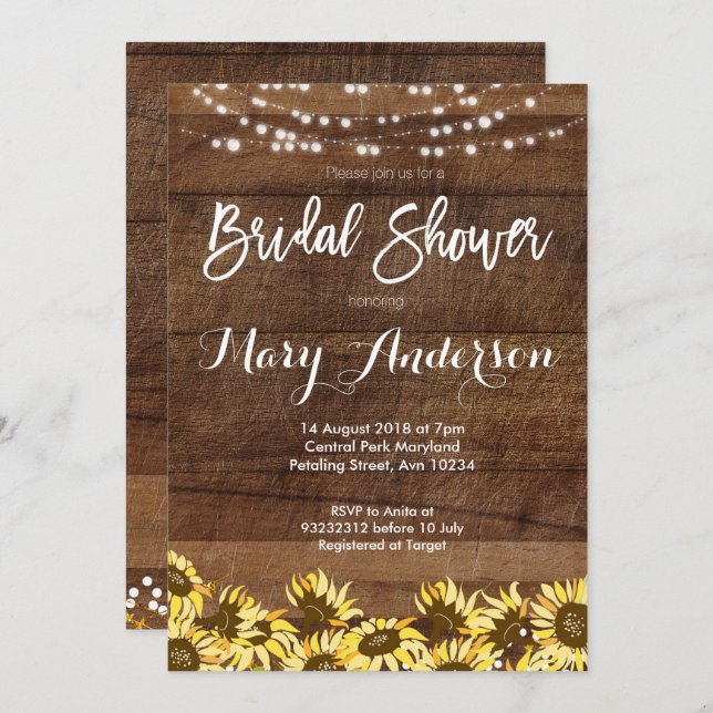 Rustic Sunflower Wood Bridal Shower Invitations (Front/Back)