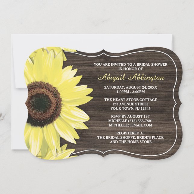 Rustic Sunflower Wood Bridal Shower Invitations (Front)