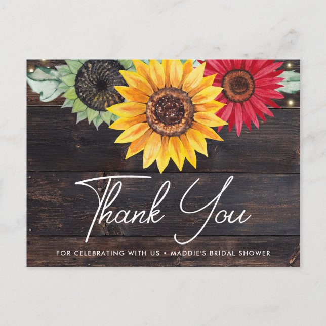 Rustic Sunflower Wood Bridal Shower Thank You Card (Front)